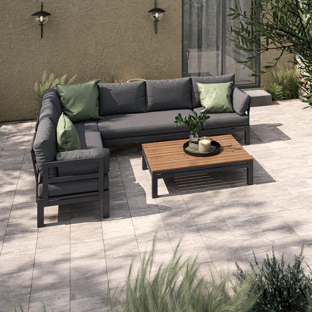 Sectionnel d'angle en forme de L en métal en aluminium pour patio extérieur Bordeaux avec siège réglable en gris