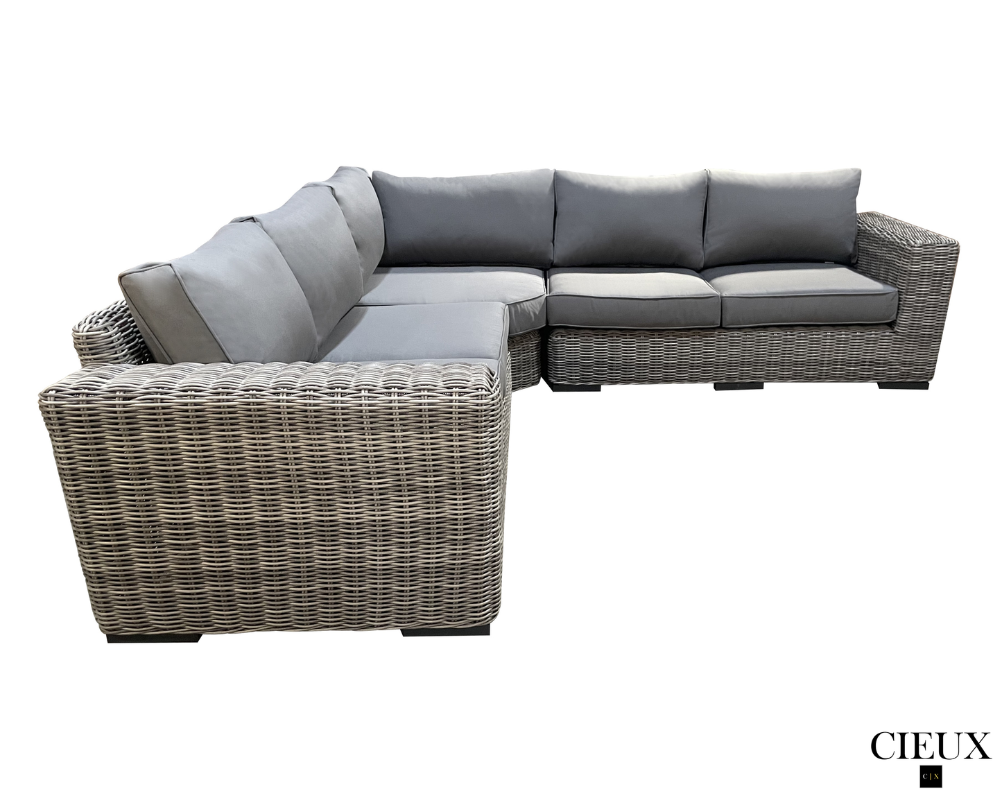 Champagne 3 Piece Outdoor Patio Wicker Corner Sectional Sofa, Coffee Table and Club Chair Set in Grey with Sunbrella Cushions - Available in 2 Colours