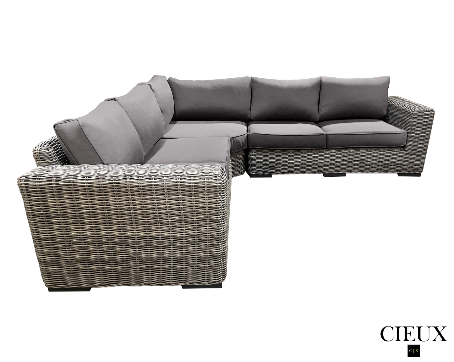 Champagne 3 Piece Outdoor Patio Wicker Corner Sectional Sofa, Coffee Table and Club Chair Set in Grey with Sunbrella Cushions - Available in 2 Colours