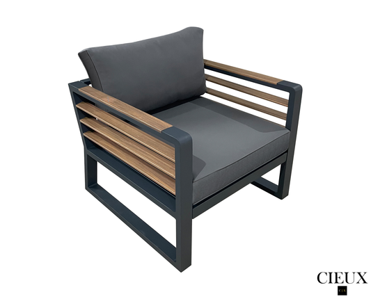 Avignon Outdoor Patio Aluminum Metal Club Chair in Midnight Grey with Sunbrella Cushions in Canvas Charcoal