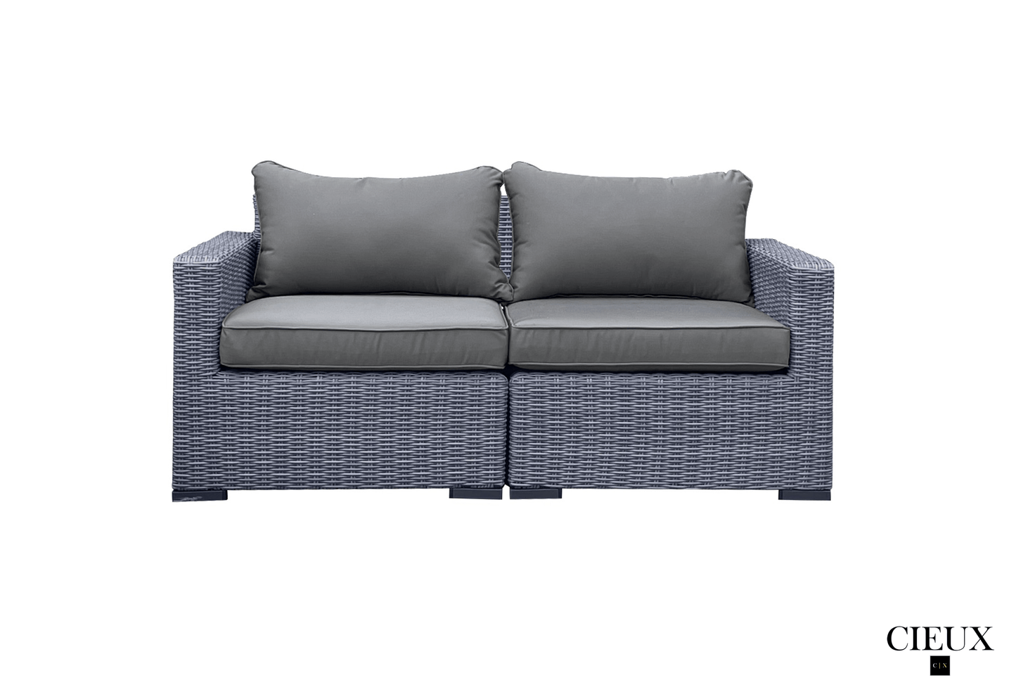 CIEUX Conversation Set Cannes 4 Piece Outdoor Patio Wicker Loveseat, 2 Armless Chairs and Ottoman Set in Grey Wicker with Sunbrella Cushions in Canvas Charcoal