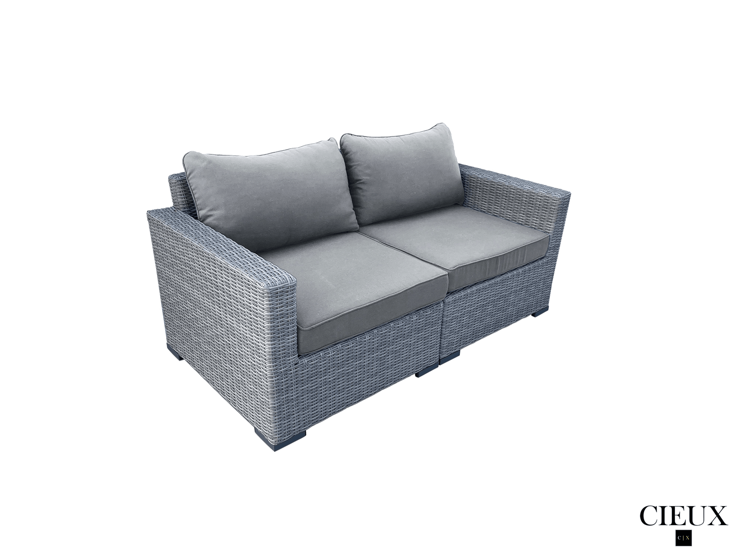 CIEUX Conversation Set Cannes 4 Piece Outdoor Patio Wicker Loveseat, 2 Armless Chairs and Ottoman Set in Grey Wicker with Sunbrella Cushions in Canvas Charcoal