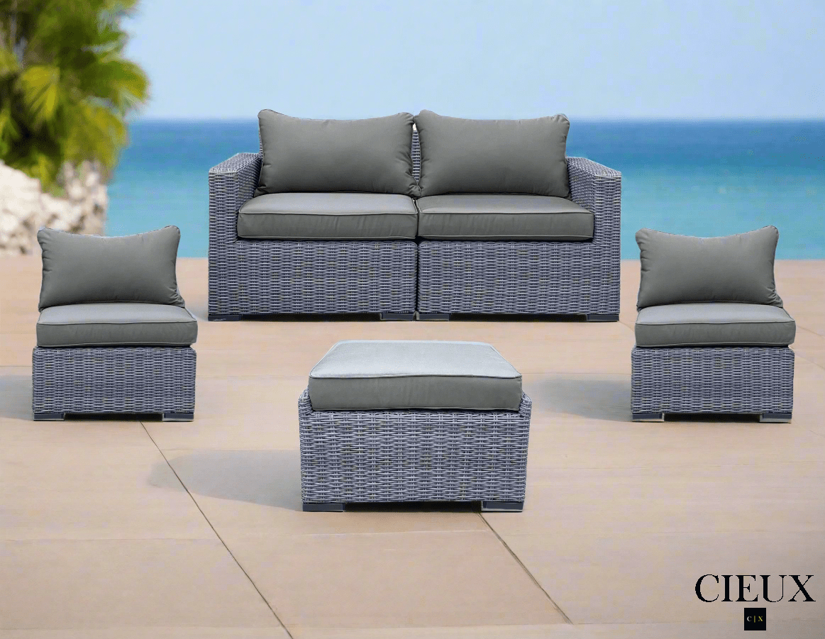 CIEUX Conversation Set Cannes 4 Piece Outdoor Patio Wicker Loveseat, 2 Armless Chairs and Ottoman Set in Grey Wicker with Sunbrella Cushions in Canvas Charcoal