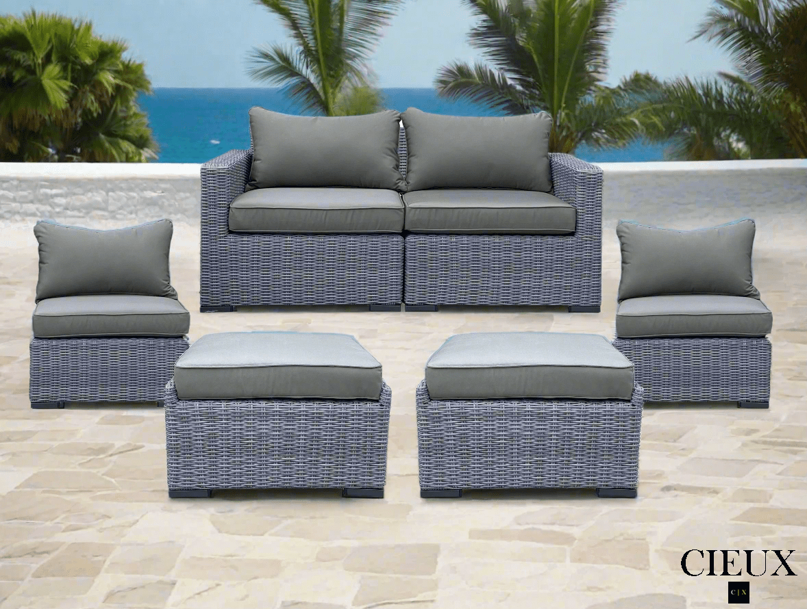 CIEUX Conversation Set Cannes 5 Piece Outdoor Patio Wicker Loveseat, 2 Armless Chairs and 2 Ottomans Set in Grey Wicker with Sunbrella Cushions in Canvas Charcoal