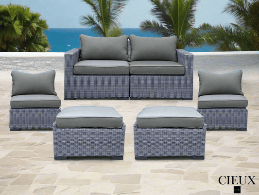 CIEUX Conversation Set Cannes 5 Piece Outdoor Patio Wicker Loveseat, 2 Armless Chairs and 2 Ottomans Set in Grey Wicker with Sunbrella Cushions in Canvas Charcoal