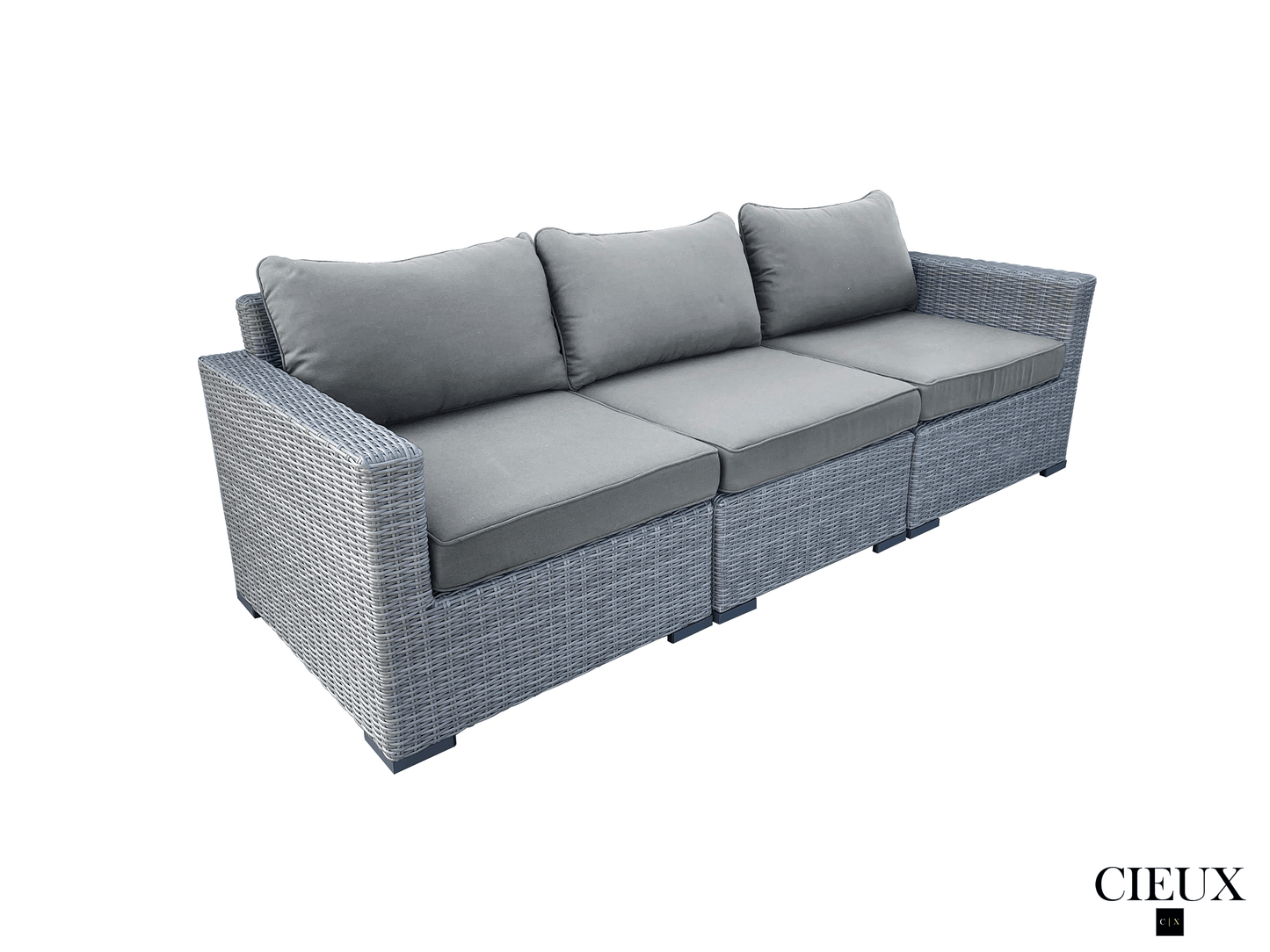 CIEUX Conversation Set Cannes 5 Piece Outdoor Patio Wicker Sofa, 2 Armless Chairs and 2 Ottomans Set in Grey Wicker with Sunbrella Cushions in Canvas Charcoal