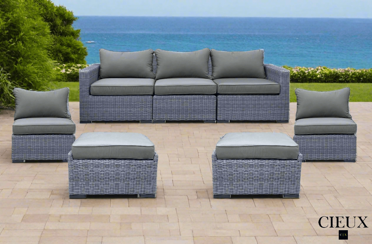 CIEUX Conversation Set Cannes 5 Piece Outdoor Patio Wicker Sofa, 2 Armless Chairs and 2 Ottomans Set in Grey Wicker with Sunbrella Cushions in Canvas Charcoal