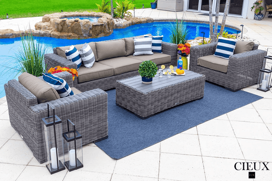 CIEUX Conversation Set Canvas Taupe Champagne Outdoor Patio Wicker Sofa Conversation Set in Grey with Sunbrella Cushions - Available in 2 Colours
