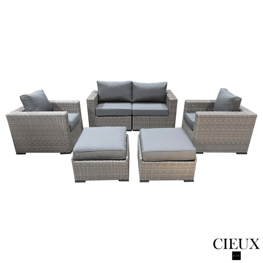 CIEUX Conversation Set Riviera Outdoor Patio Wicker Loveseat, 2 Club Chairs and 2 Ottomans Set in Grey with Sunbrella Canvas Charcoal Cushions