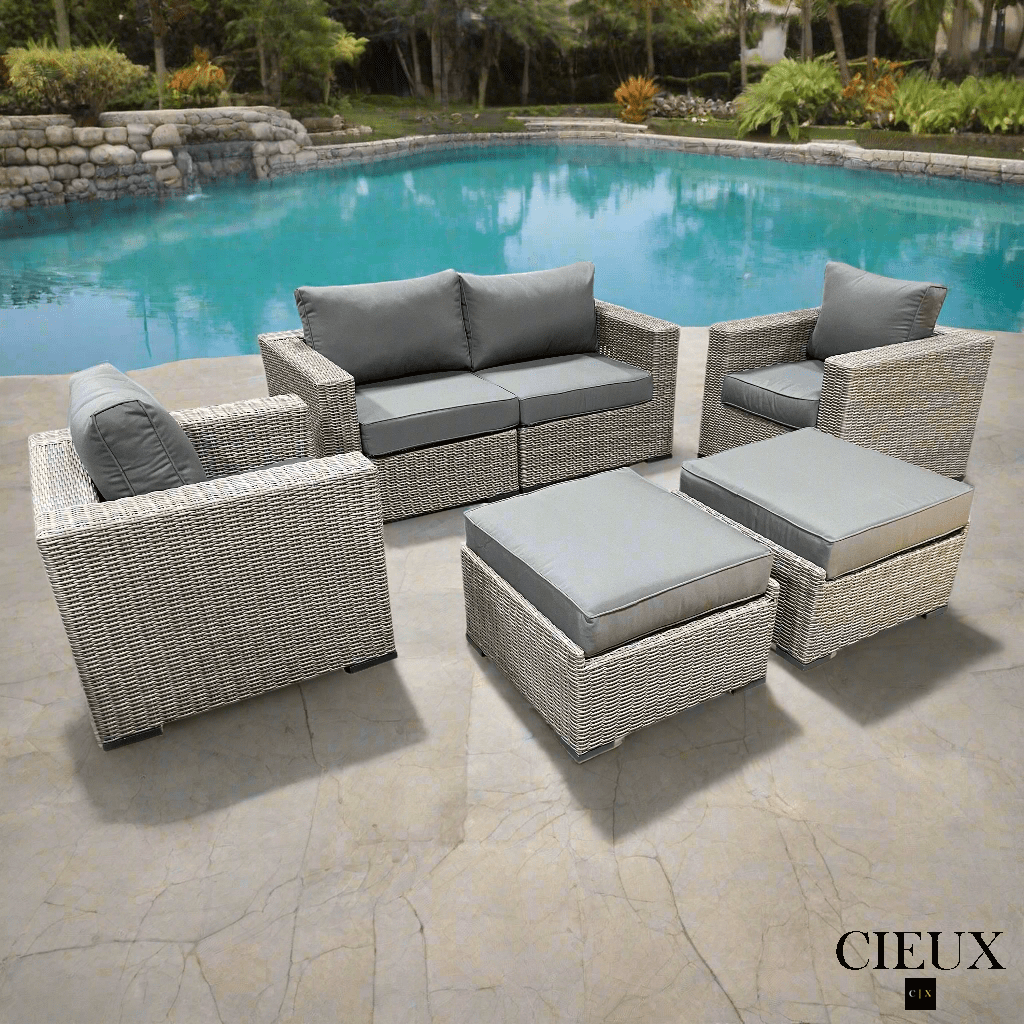 CIEUX Conversation Set Riviera Outdoor Patio Wicker Loveseat, 2 Club Chairs and 2 Ottomans Set in Grey with Sunbrella Canvas Charcoal Cushions