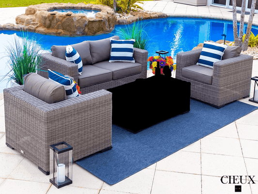 CIEUX Conversation Set Riviera Outdoor Patio Wicker Loveseat and 2 Club Chairs Set in Grey with Sunbrella Canvas Charcoal Cushions