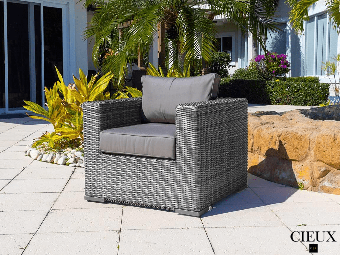 CIEUX Conversation Set Riviera Outdoor Patio Wicker Loveseat and 2 Club Chairs Set in Grey with Sunbrella Canvas Charcoal Cushions