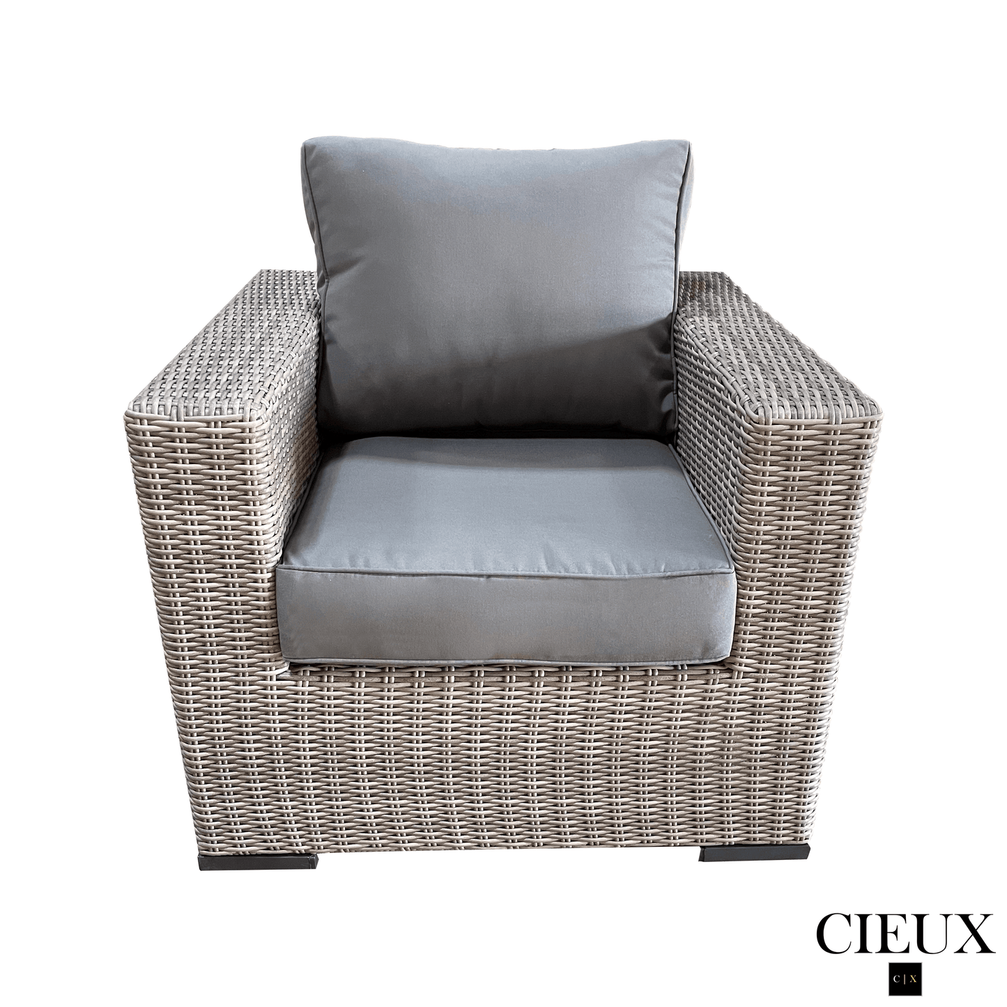 CIEUX Conversation Set Riviera Outdoor Patio Wicker Loveseat and 2 Club Chairs Set in Grey with Sunbrella Canvas Charcoal Cushions
