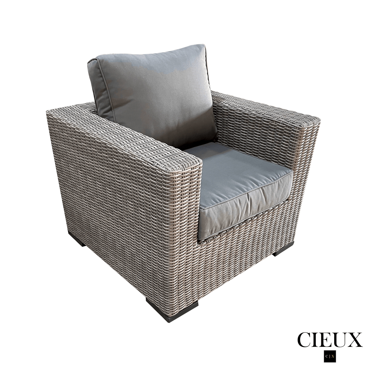 CIEUX Conversation Set Riviera Outdoor Patio Wicker Loveseat and 2 Club Chairs Set in Grey with Sunbrella Canvas Charcoal Cushions