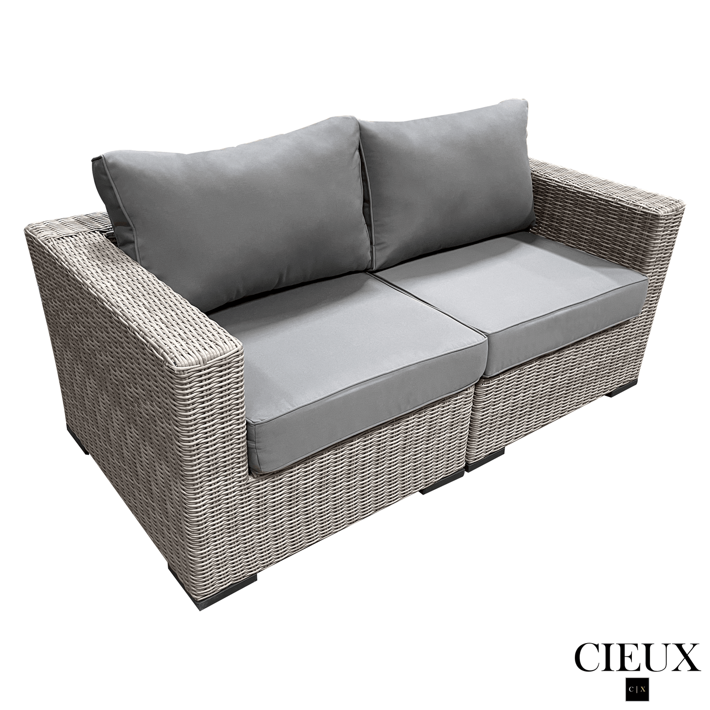 CIEUX Conversation Set Riviera Outdoor Patio Wicker Loveseat and 2 Club Chairs Set in Grey with Sunbrella Canvas Charcoal Cushions