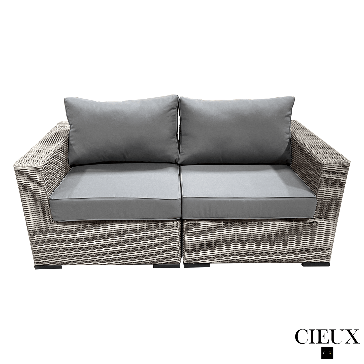 CIEUX Conversation Set Riviera Outdoor Patio Wicker Loveseat and 2 Club Chairs Set in Grey with Sunbrella Canvas Charcoal Cushions