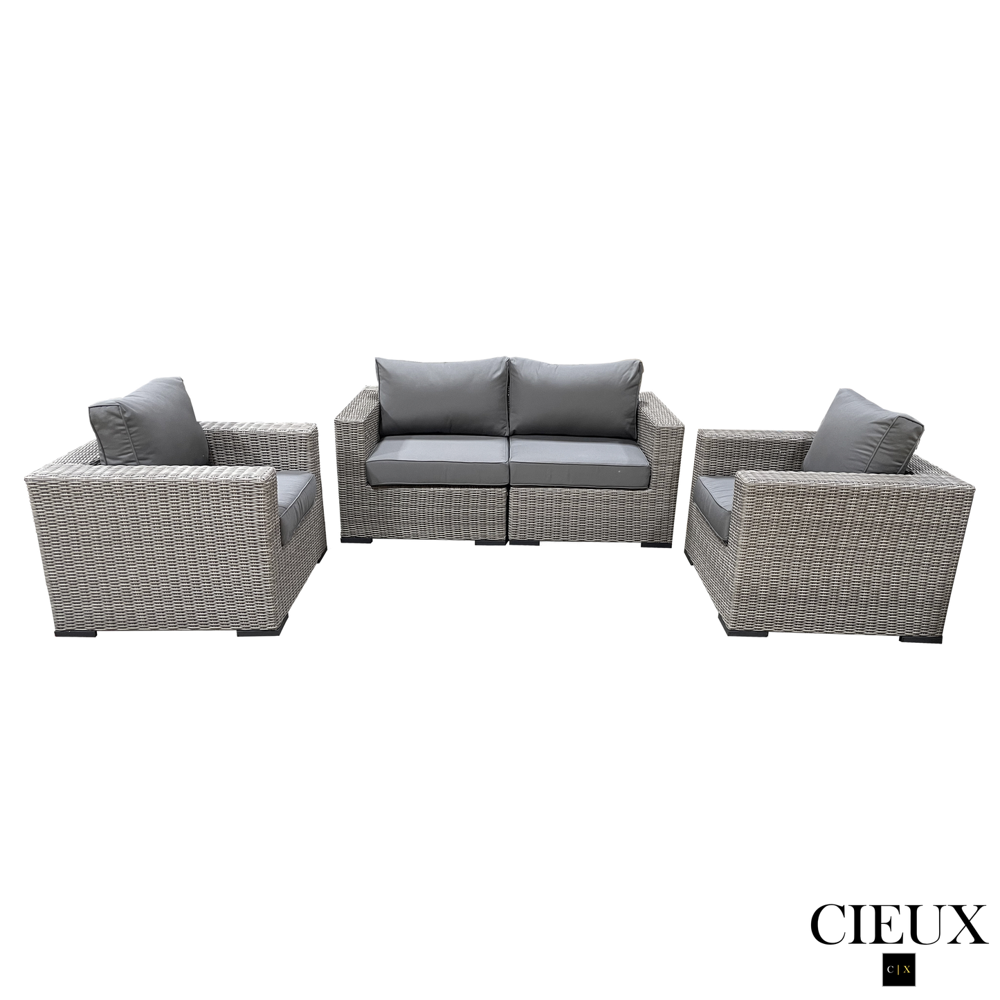 CIEUX Conversation Set Riviera Outdoor Patio Wicker Loveseat and 2 Club Chairs Set in Grey with Sunbrella Canvas Charcoal Cushions