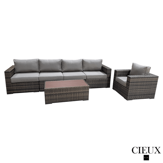 CIEUX Conversation Set Valence Outdoor Patio Wicker Large Sofa, Club Chair and Coffee Table Set in Brown with Sunbrella Canvas Taupe Cushions