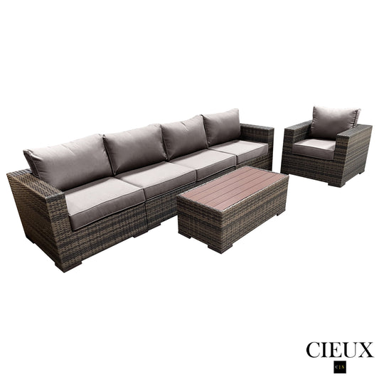 CIEUX Conversation Set Valence Outdoor Patio Wicker Large Sofa, Club Chair and Coffee Table Set in Brown with Sunbrella Canvas Taupe Cushions