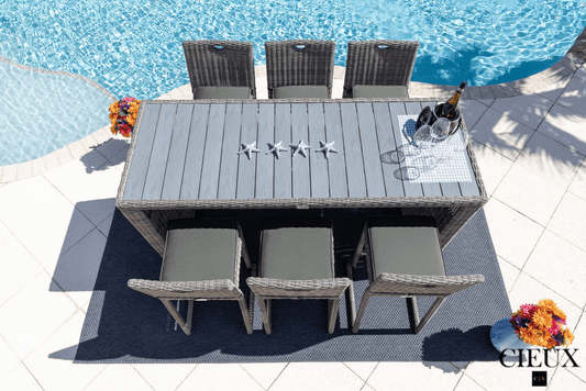CIEUX Dining Set Riviera Outdoor Patio Wicker Bar Table and 6 Chairs Set in Grey with Sunbrella Canvas Charcoal Cushions