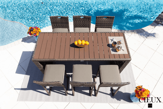 CIEUX Dining Set Valence Outdoor Patio Wicker Bar Table and 6 Chairs Set in Brown with Sunbrella Canvas Taupe Cushions