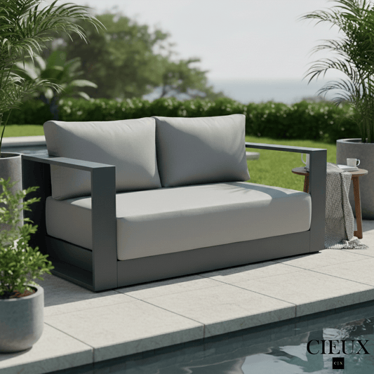 Cieux Loveseat Lyon Outdoor Patio Aluminum Metal Loveseat in Midnight Grey with Sunbrella Cushions in Canvas Charcoal