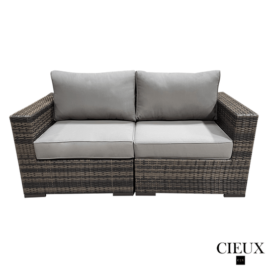 CIEUX Loveseat Valence Outdoor Patio Wicker Loveseat in Brown with Sunbrella Canvas Taupe Cushions