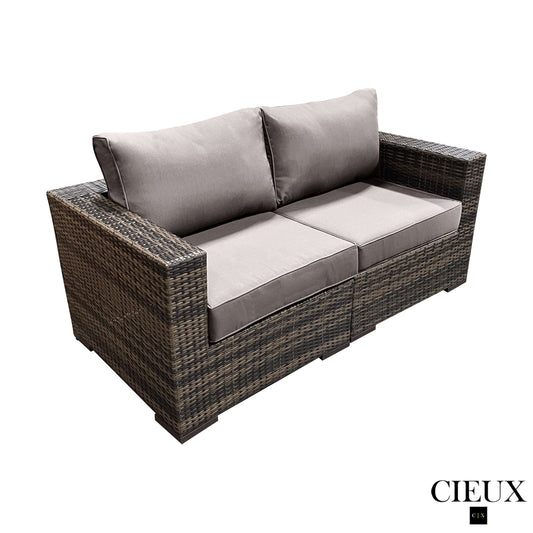 CIEUX Loveseat Valence Outdoor Patio Wicker Loveseat in Brown with Sunbrella Canvas Taupe Cushions