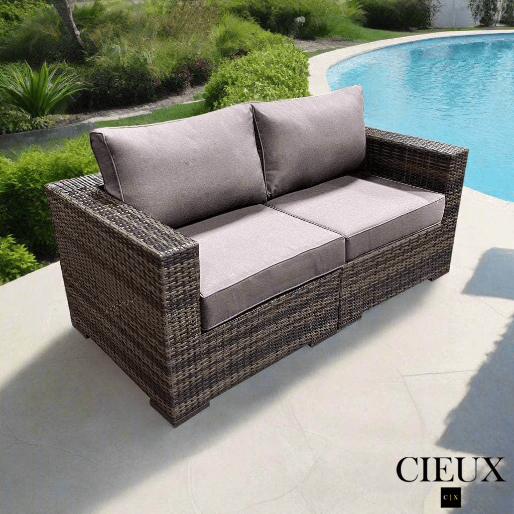 CIEUX Loveseat Valence Outdoor Patio Wicker Loveseat in Brown with Sunbrella Canvas Taupe Cushions