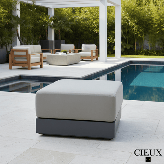 CIEUX Ottoman Lyon Outdoor Patio Aluminum Metal Square Ottoman in Midnight Grey with Sunbrella Cushions in Canvas Charcoal
