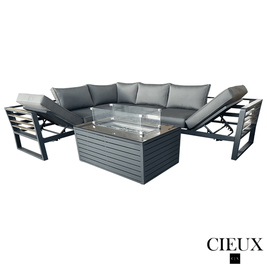 CIEUX Sectional Avignon 2 Piece Outdoor Patio Aluminum Metal L-Shaped Sectional Sofa with Adjustable Seats Set and Annency Fire Pit Coffee Table in Midnight Grey with Sunbrella Cushions in Canvas Charcoal