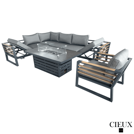CIEUX Sectional Avignon 3 Piece Outdoor Patio Aluminum Metal L-Shaped Sectional Sofa with Adjustable Seats and Club Chair Set and Alsace Fire Pit Adjustable Height Table in Midnight Grey with Sunbrella Cushions in Canvas Charcoal