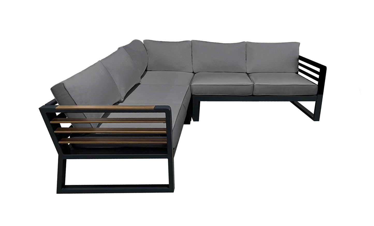 Avignon Outdoor Patio Aluminum Metal Corner Sectional Sofa in Midnight Grey with Sunbrella Cushions in Canvas Charcoal