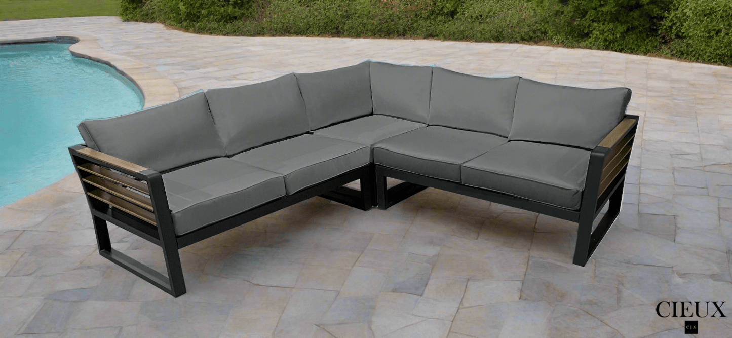 Avignon Outdoor Patio Aluminum Metal Corner Sectional Sofa in Midnight Grey with Sunbrella Cushions in Canvas Charcoal