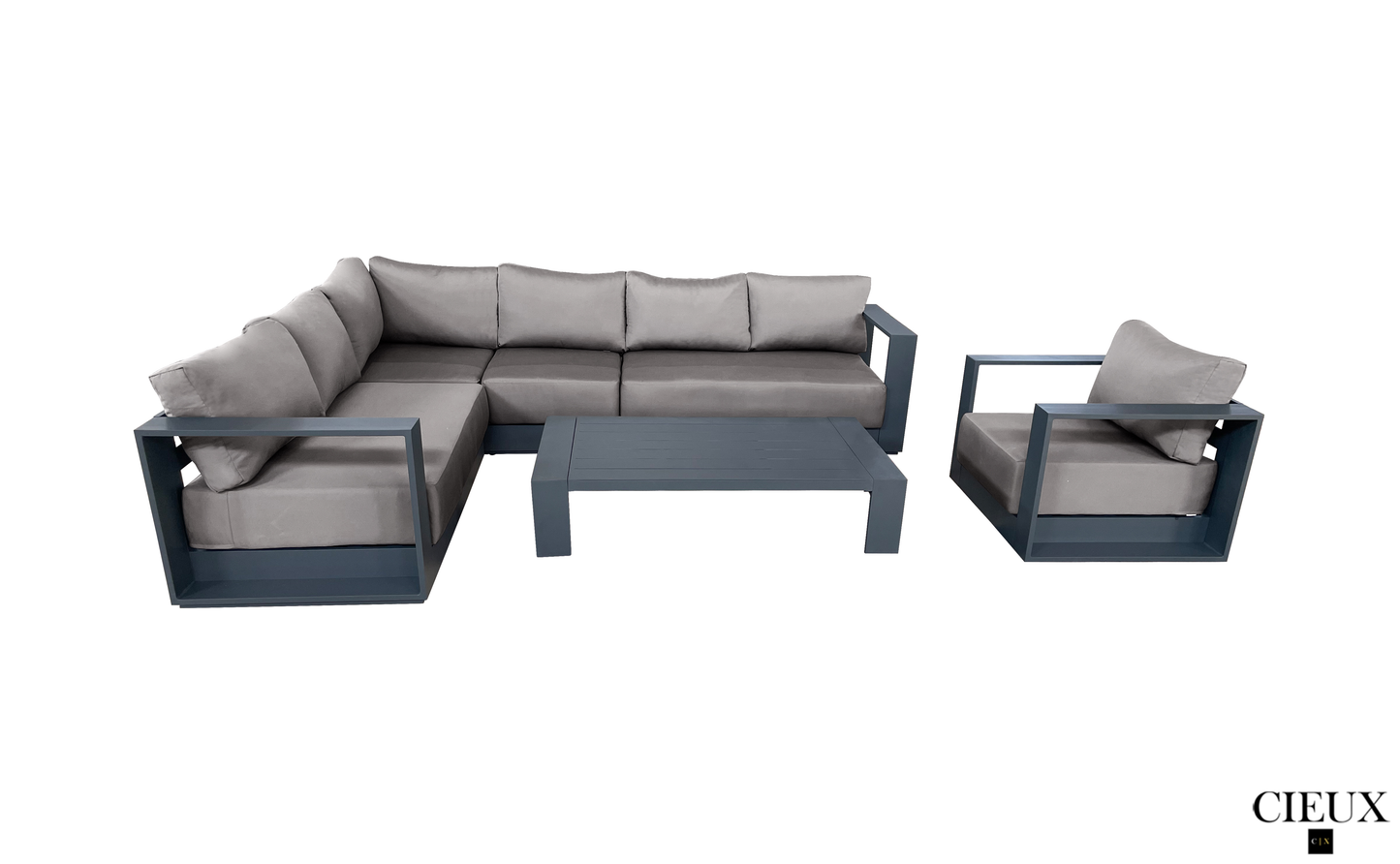 Lyon 3 Piece Outdoor Patio Aluminum Metal L-Shaped Sectional Sofa, Coffee Table and Club Chair Set in Midnight Grey with Sunbrella Cushions - Available in 2 Colours