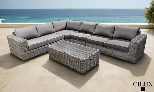 CIEUX Sectional Champagne 2 Piece Outdoor Patio Wicker L-Shaped Sectional Sofa and Coffee Table Set in Grey with Sunbrella Cushions - Available in 2 Colours