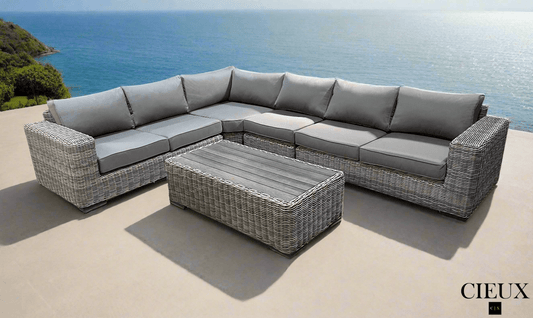CIEUX Sectional Champagne 2 Piece Outdoor Patio Wicker L-Shaped Sectional Sofa and Coffee Table Set in Grey with Sunbrella Cushions - Available in 2 Colours
