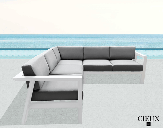 Corsica Outdoor Patio Aluminum Metal Corner Sectional Sofa in White with Sunbrella Cushions - Available in 2 Colours