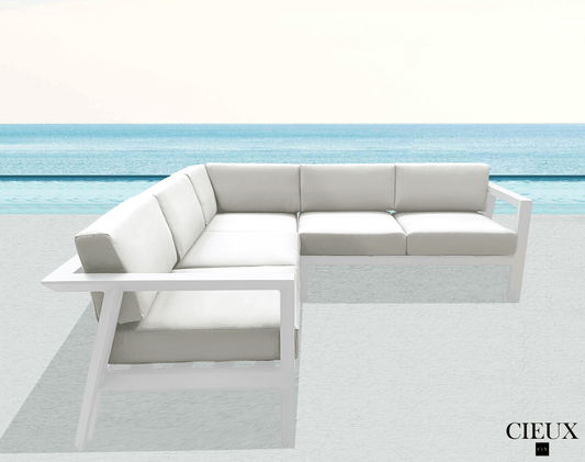 Corsica Outdoor Patio Aluminum Metal Corner Sectional Sofa in White with Sunbrella Cushions - Available in 2 Colours
