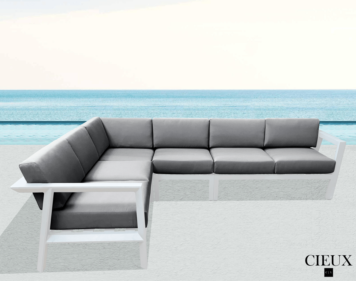 Corsica Outdoor Patio Aluminum Metal L-Shaped Sectional Sofa in White with Sunbrella Cushions - Available in 2 Colours