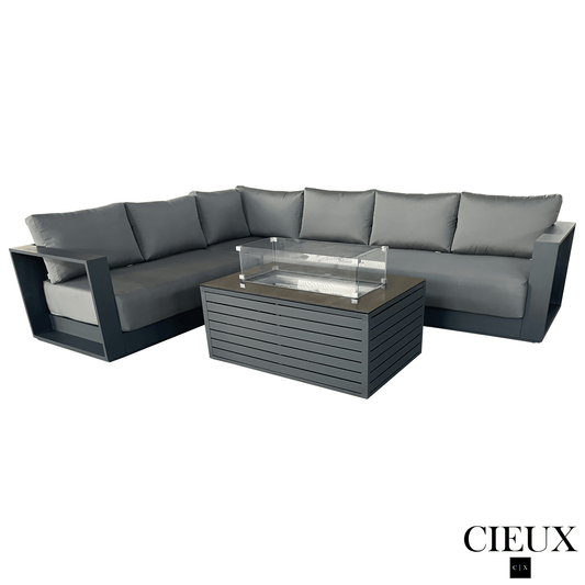 CIEUX Sectional Lyon 2 Piece Outdoor Patio Aluminum Metal L-Shaped Sectional and Annency Fire Pit Coffee Table in Midnight Grey with Sunbrella Cushions in Canvas Charcoal