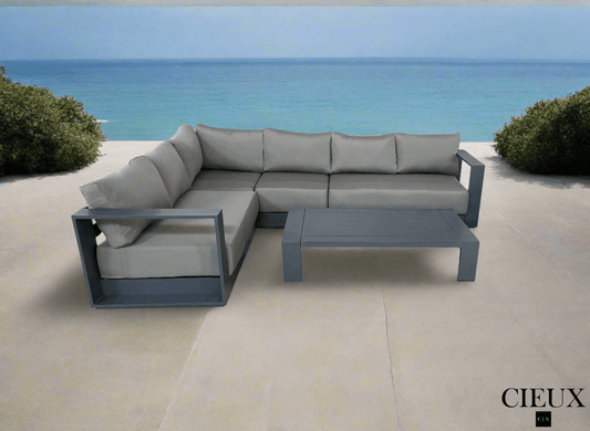 CIEUX Sectional Lyon 2 Piece Outdoor Patio Aluminum Metal L-Shaped Sectional Sofa and Coffee Table Set in Midnight Grey with Sunbrella Cushions - Available in 2 Colours