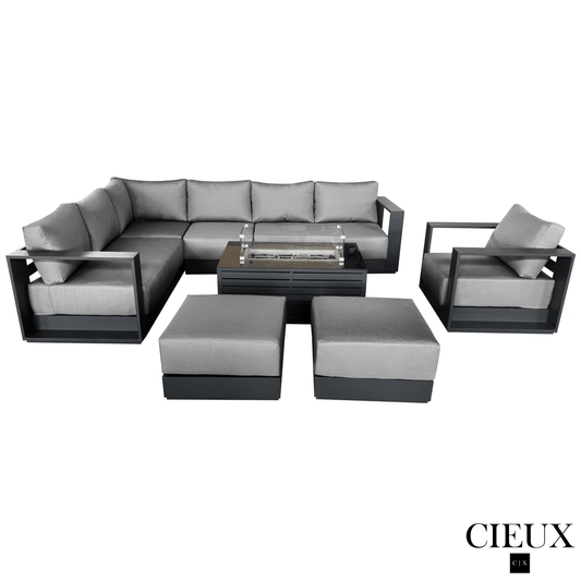 CIEUX Sectional Lyon 5 Piece Outdoor Patio Aluminum Metal L-Shaped Sectional Sofa, Club Chair, 2 Ottomans, and Annency Fire Pit Coffee Table in Midnight Grey with Sunbrella Cushions - Available in 2 Colours