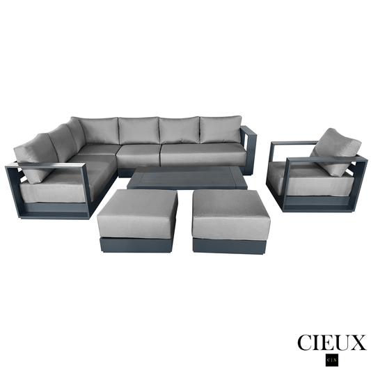 CIEUX Sectional Lyon 5 Piece Outdoor Patio Aluminum Metal L-Shaped Sectional Sofa, Club Chair, 2 Ottomans, and Coffee Table Set in Midnight Grey with Sunbrella Cushions - Available in 2 Colours