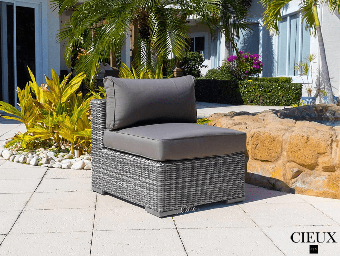 CIEUX Sectional Riviera Outdoor Patio Wicker Corner Sectional Sofa and Ottoman Set in Grey with Sunbrella Canvas Charcoal Cushions