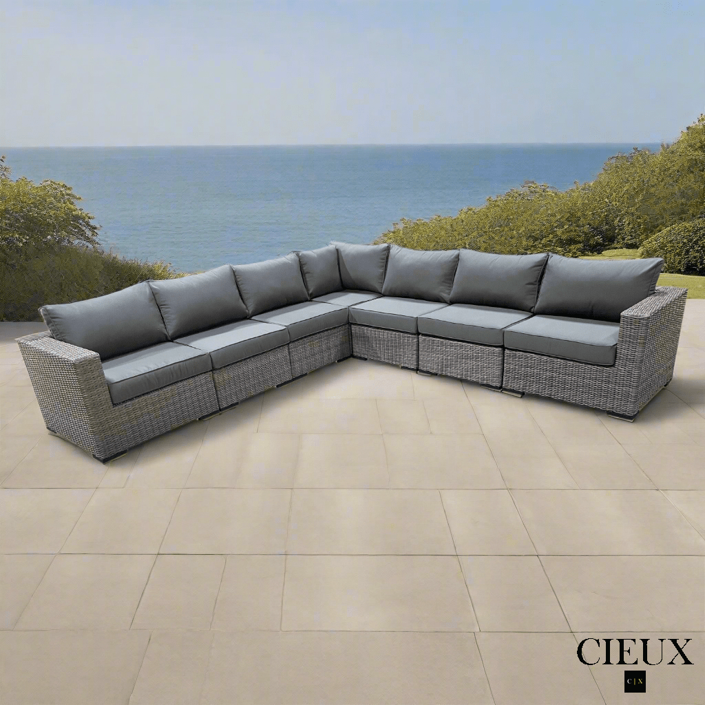CIEUX Sectional Riviera Outdoor Patio Wicker Large Corner Sectional Sofa in Grey with Sunbrella Canvas Charcoal Cushions