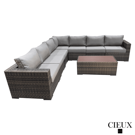 CIEUX Sectional Valence Outdoor Patio Wicker Large Corner Sectional Sofa and Coffee Table Set in Brown with Sunbrella Canvas Taupe Cushions