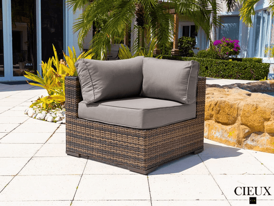 CIEUX Sectional Valence Outdoor Patio Wicker Large Corner Sectional Sofa, Club Chair and Coffee Table Set in Brown with Sunbrella Canvas Taupe Cushions