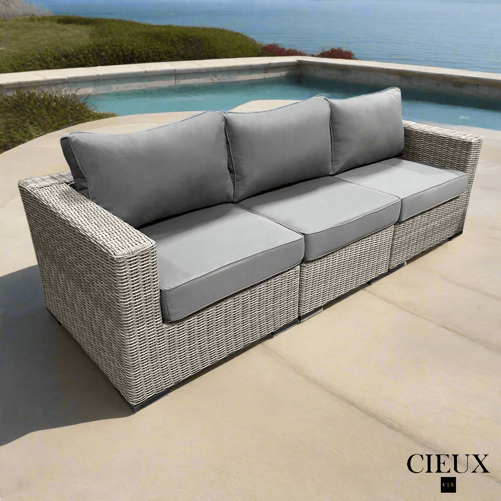 CIEUX Sofa Riviera Outdoor Patio Wicker Sofa in Grey with Sunbrella Canvas Charcoal Cushions