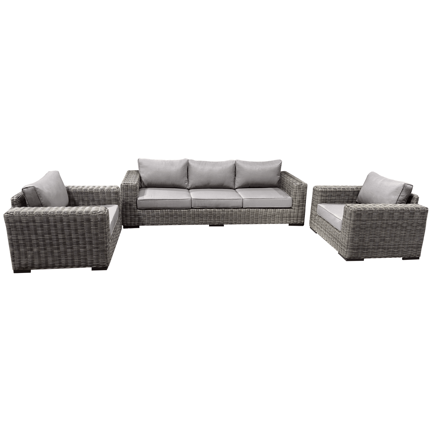 Champagne 3 Piece Outdoor Patio Wicker Sofa and 2 Club Chairs Conversation Set in Grey with Sunbrella Cushions - Available in 2 Colours